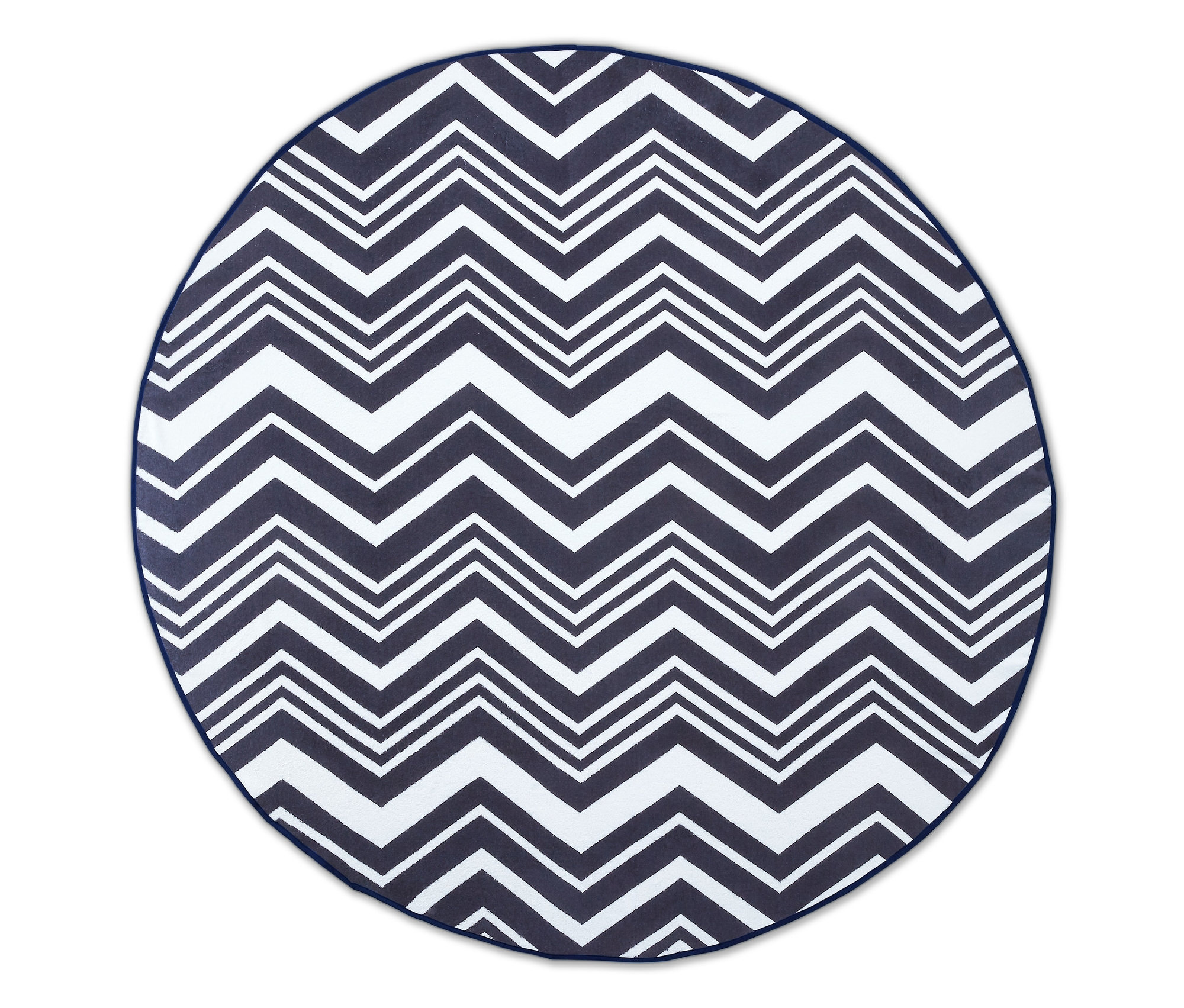 Duży, okrągły ręcznik kąpielowy z tkaniny frotté w geometryczne wzory.