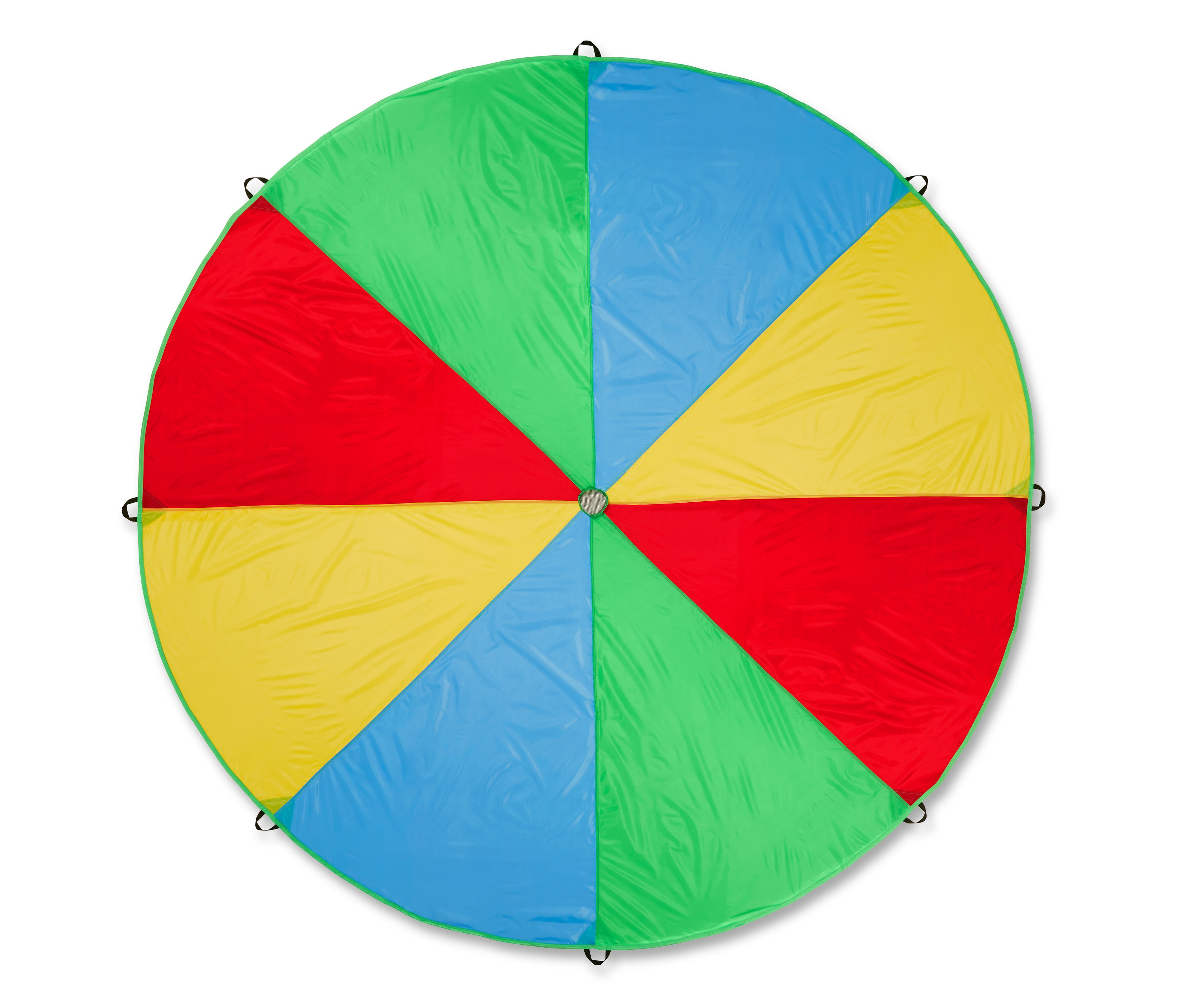 Szczegółowy widok z góry na dużą chustę animacyjną w kolorowe segmenty (czerwony, zielony, niebieski, żółty).