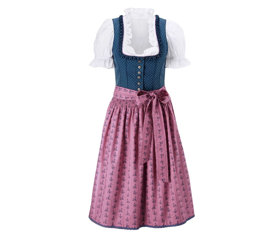 Dirndl z niebieskim gorsetem, białą bluzką i różową spódnicą.