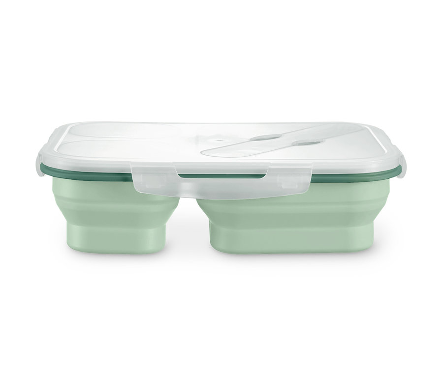 Zamknięty składany lunchbox z 3 przegródkami i widelcem.
