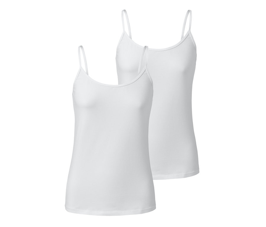 Dwie białe podkoszulki, 2 sztuki, leżą na sobie.