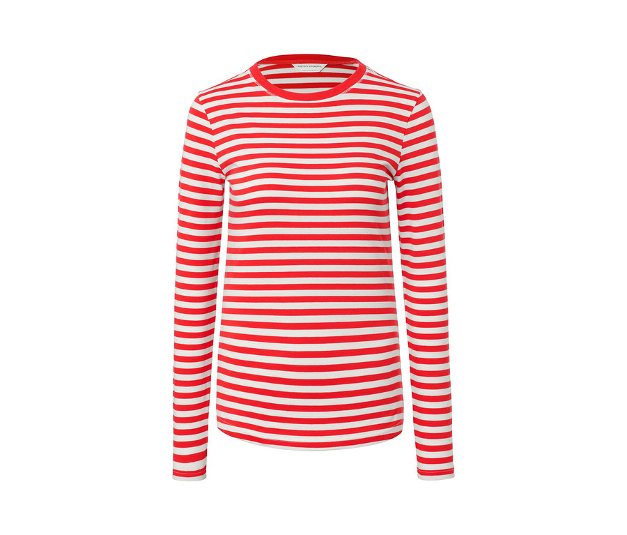 Czerwono-biała bluzka w paski z długim rękawem.