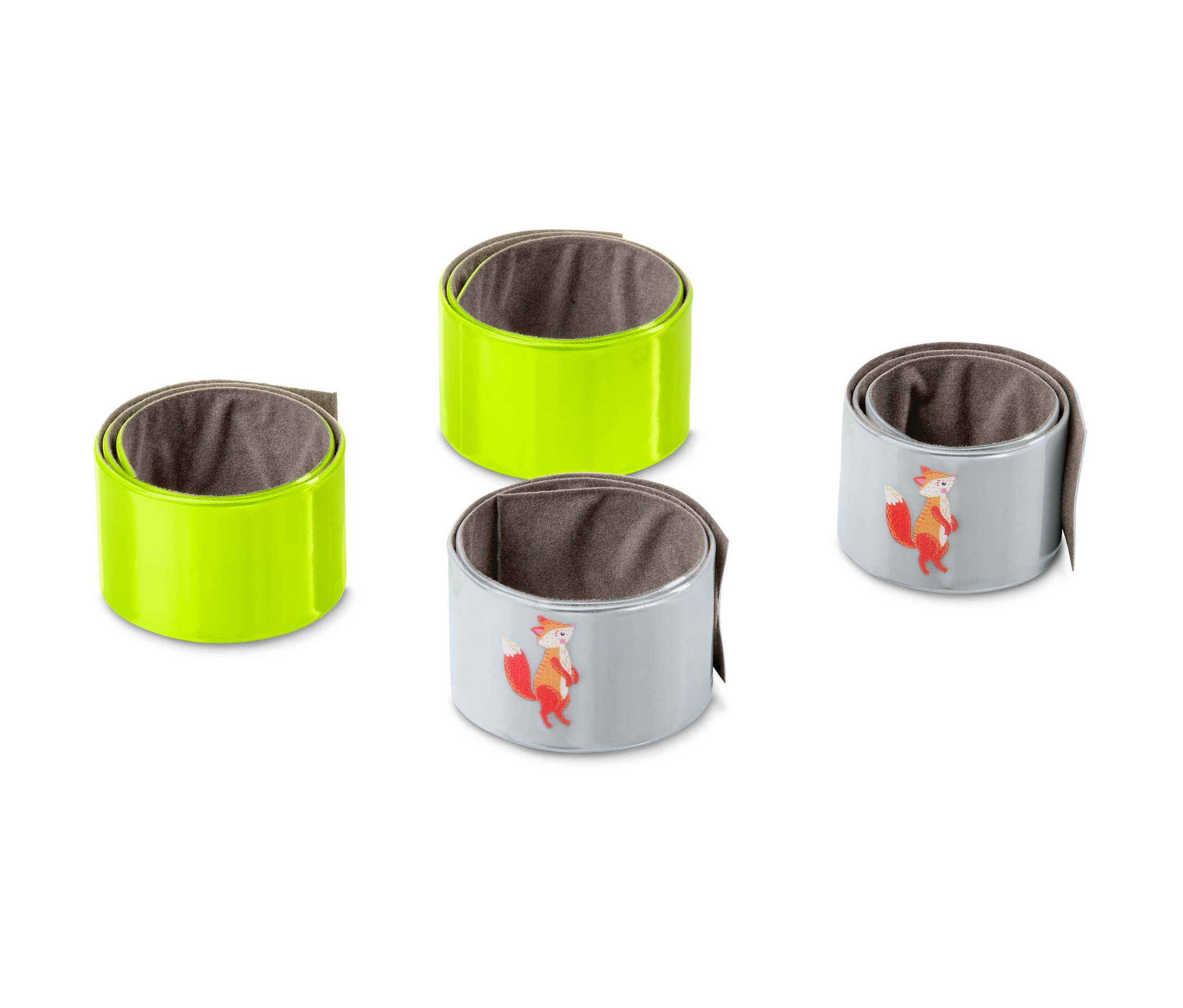 Dwie odblaskowe bransoletki samozaciskowe, jedna neonowo-zielona, a druga srebrna z lisem.