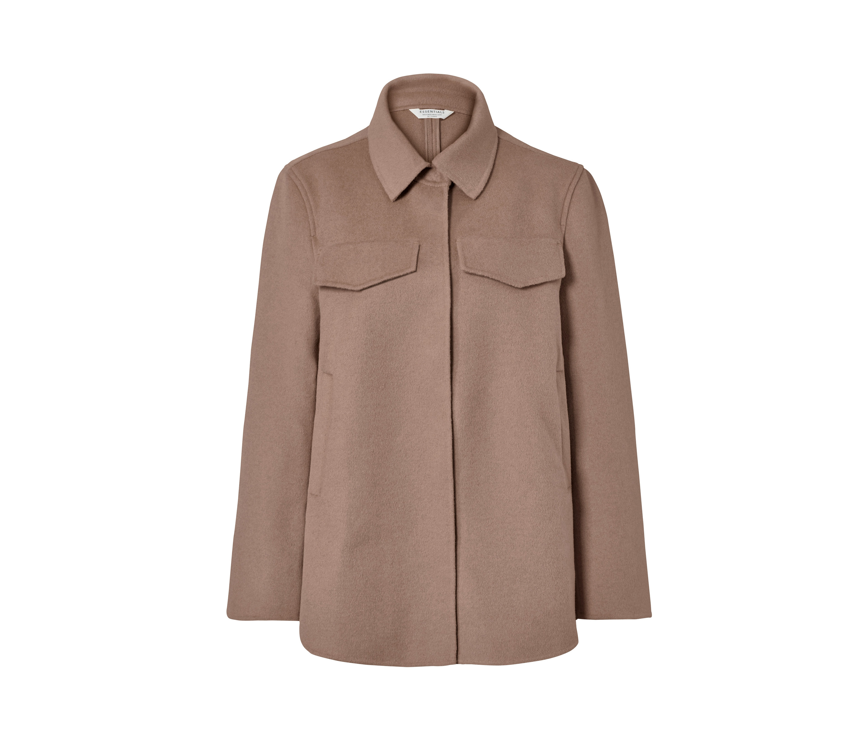 Jasnobrązowa wełniana kurtka z kaszmirem, z kołnierzem i kieszeniami.