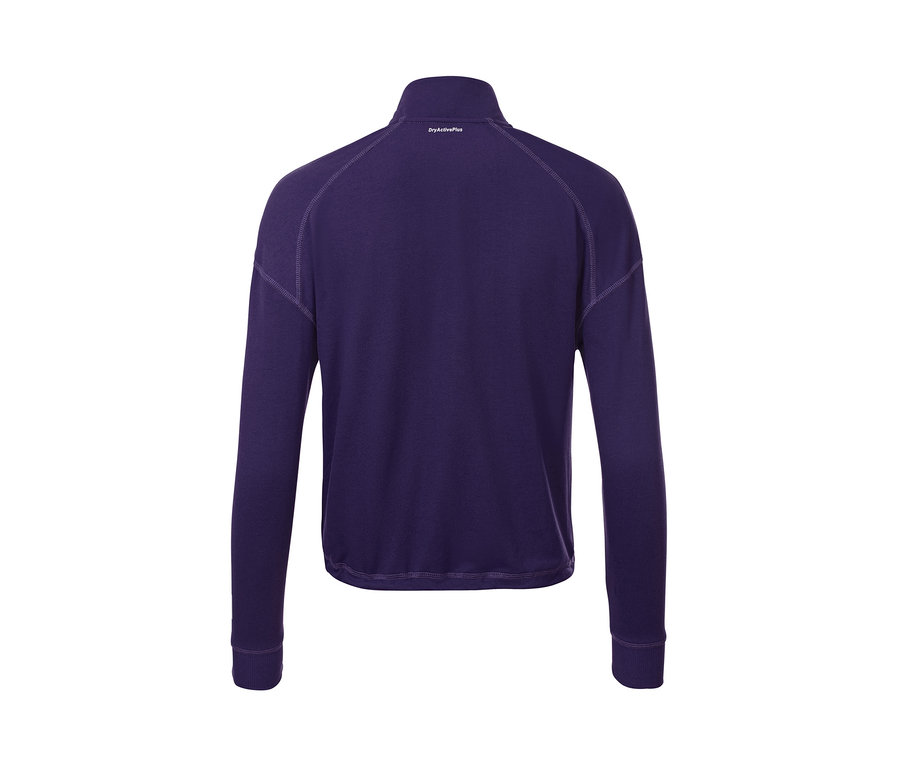 Widok z tyłu fioletowej, krótkiej bluzy z długim rękawem do fitnessu.