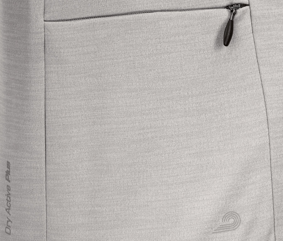 Zbliżenie na szarą bluzę funkcyjną z długim rękawem i małą kieszenią na zamek.