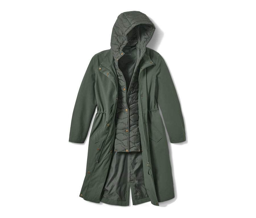 Khaki parka 2 w 1 z kapturem i wewnętrzną kamizelką.
