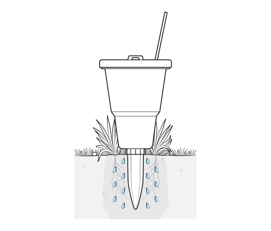 Ilustracja systemu nawadniającego, zestaw 2 sztuk, wbitego w ziemię obok rośliny.