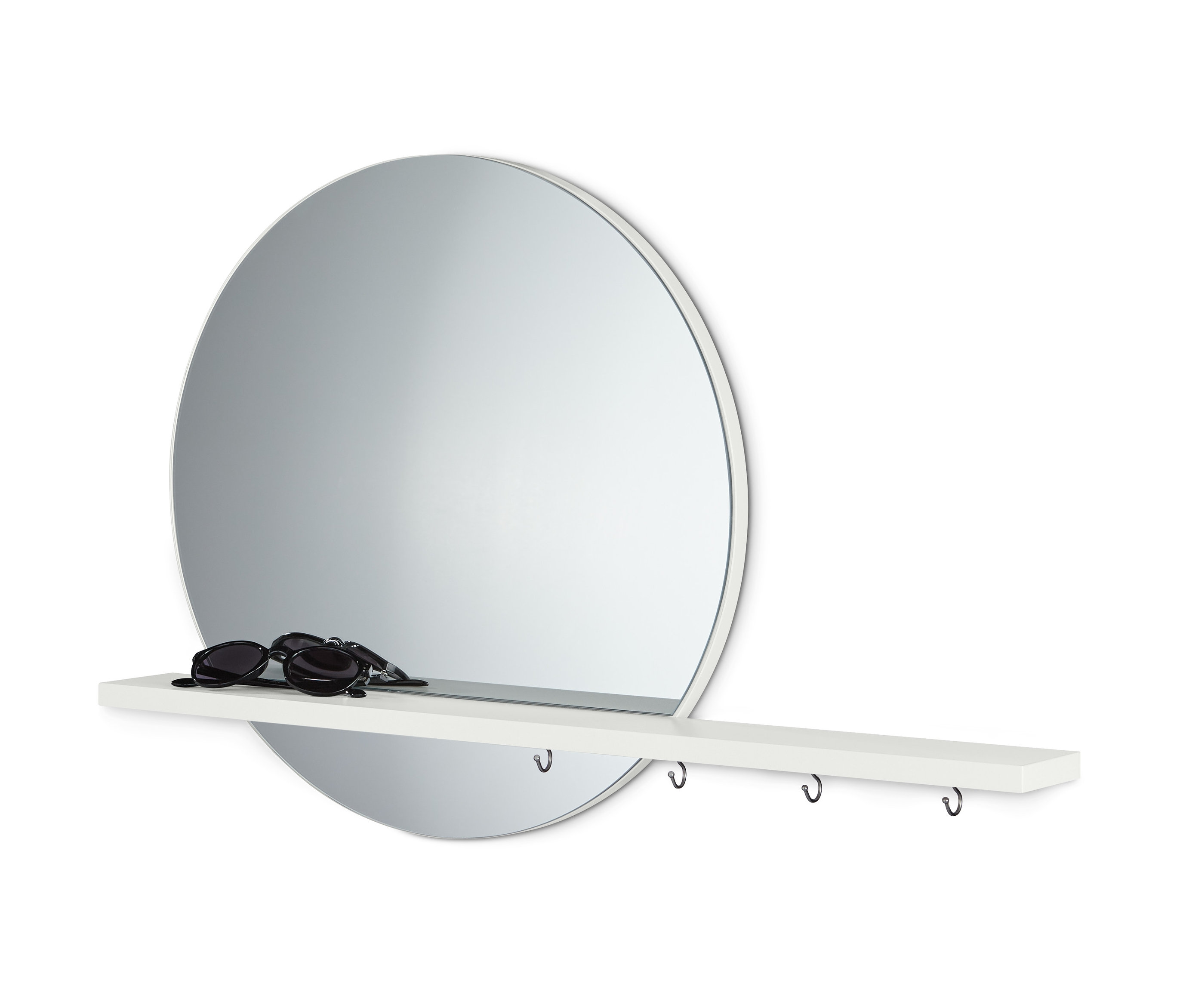 Lustro ścienne okrągłe z półką i okularami przeciwsłonecznymi.