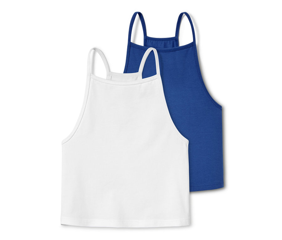 Dwa topy z bawełny ekologicznej: biały i niebieski.