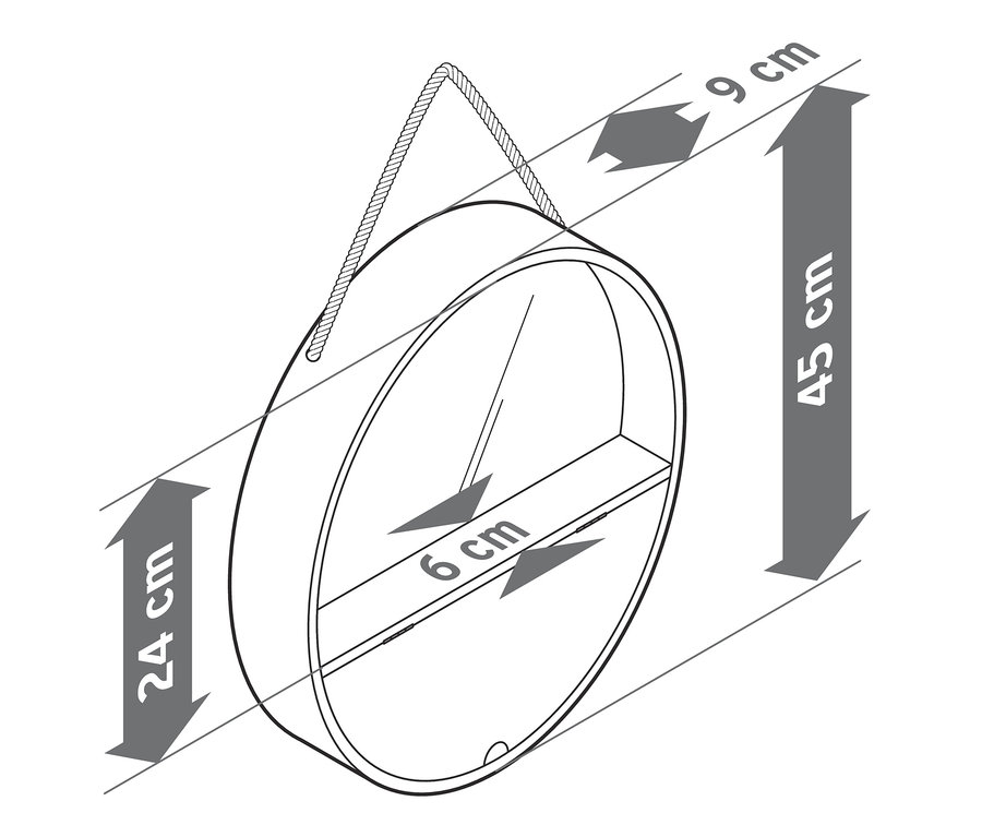 Półka ścienna z okrągłym lustrem z liną.