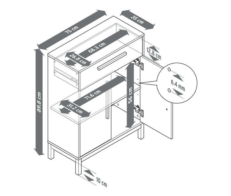 Diagram przedstawia wymiary szafki łazienkowej typu sideboard »Eklund« z jedną szufladą i drzwiami.