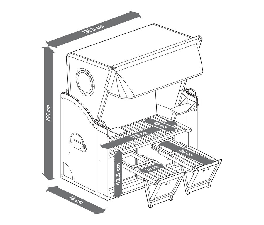 Wymiary kosza plażowego Premium XL z dwoma rozkładanymi stolikami.