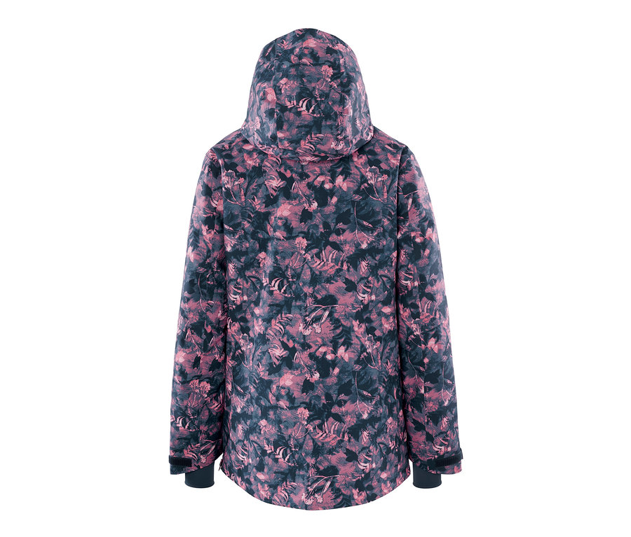 Widok z tyłu kurtki narciarskiej z krótkim zamkiem błyskawicznym i nadrukiem na całej powierzchni.