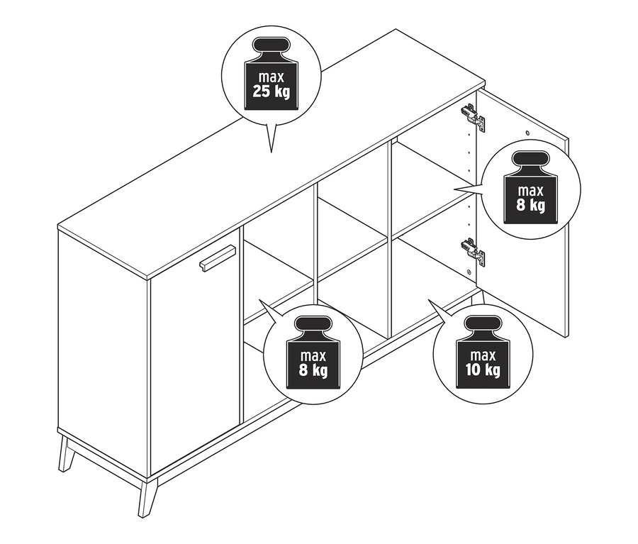 Ilustracja kredensu z otwartymi i zamkniętymi drzwiczkami oraz schematami maksymalnej wagi.