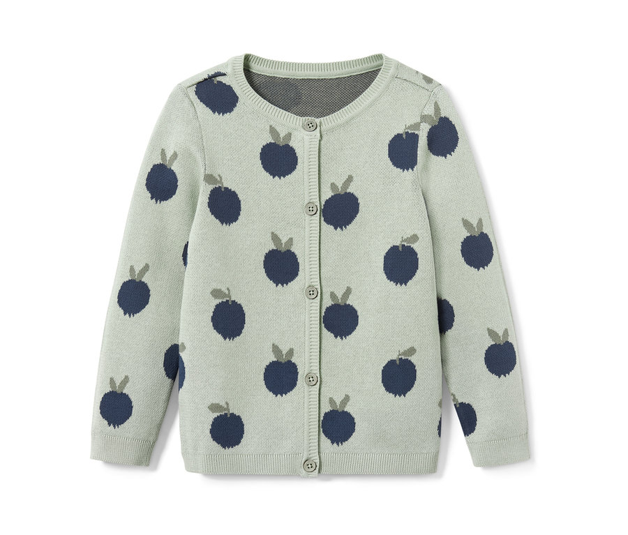 Dziecięcy dzianinowy sweter rozpinany, jagodowy, zapinany na guziki.