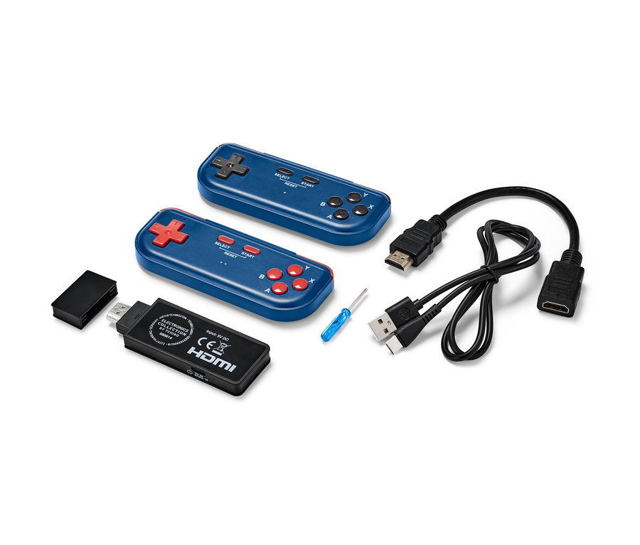 Dwa niebieskie kontrolery retro konsoli do gier wideo, kabel HDMI, kabel USB i czarna konsola.