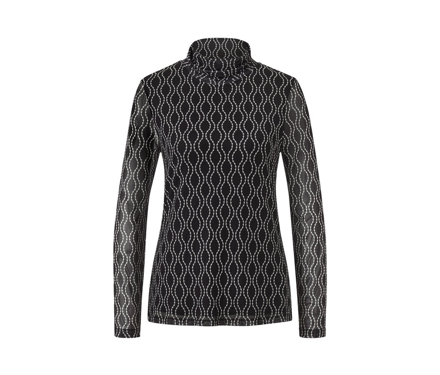 Czarna wzorzysta siatkowa koszulka z golfem.