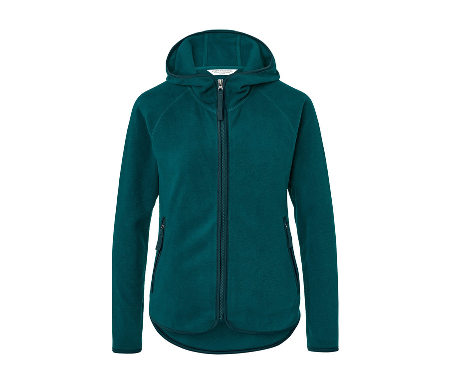 Ciemnoturkusowa bluza polarowa z kapturem zapinana na zamek błyskawiczny pośrodku.