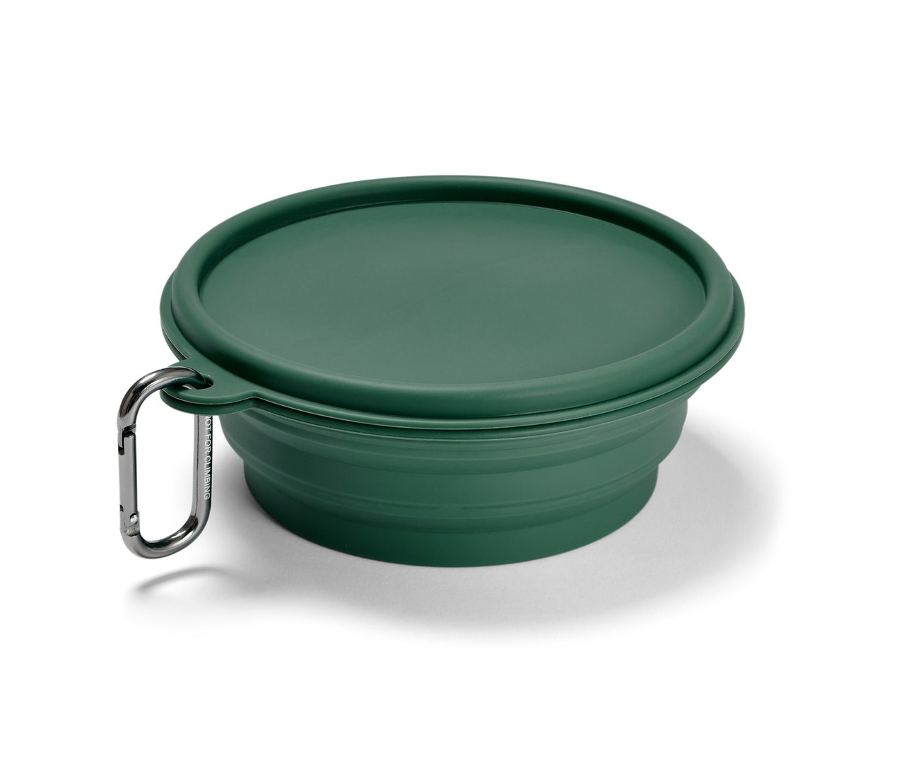 Zamknięta, zielona składana miska na karmę z karabińczykiem.