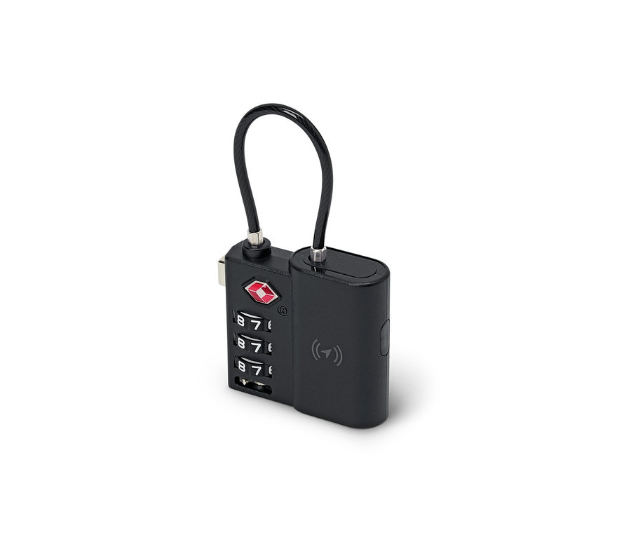 Czarna inteligentna kłódka TSA z trackerem, kodem numerycznym i elastycznym kablem.