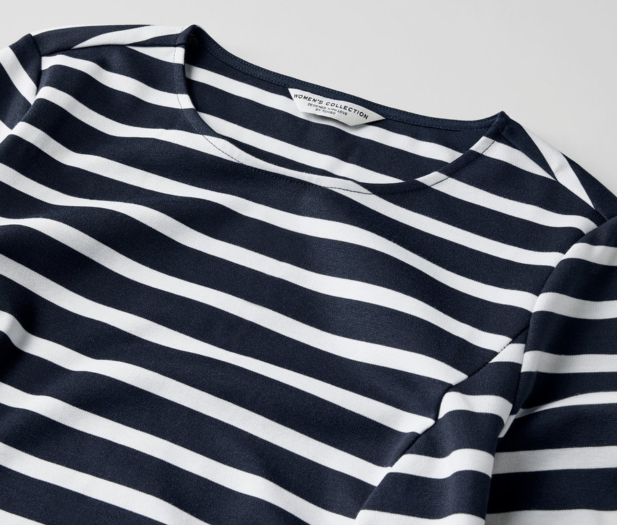 Zbliżenie na sukienkę dresową w paski.