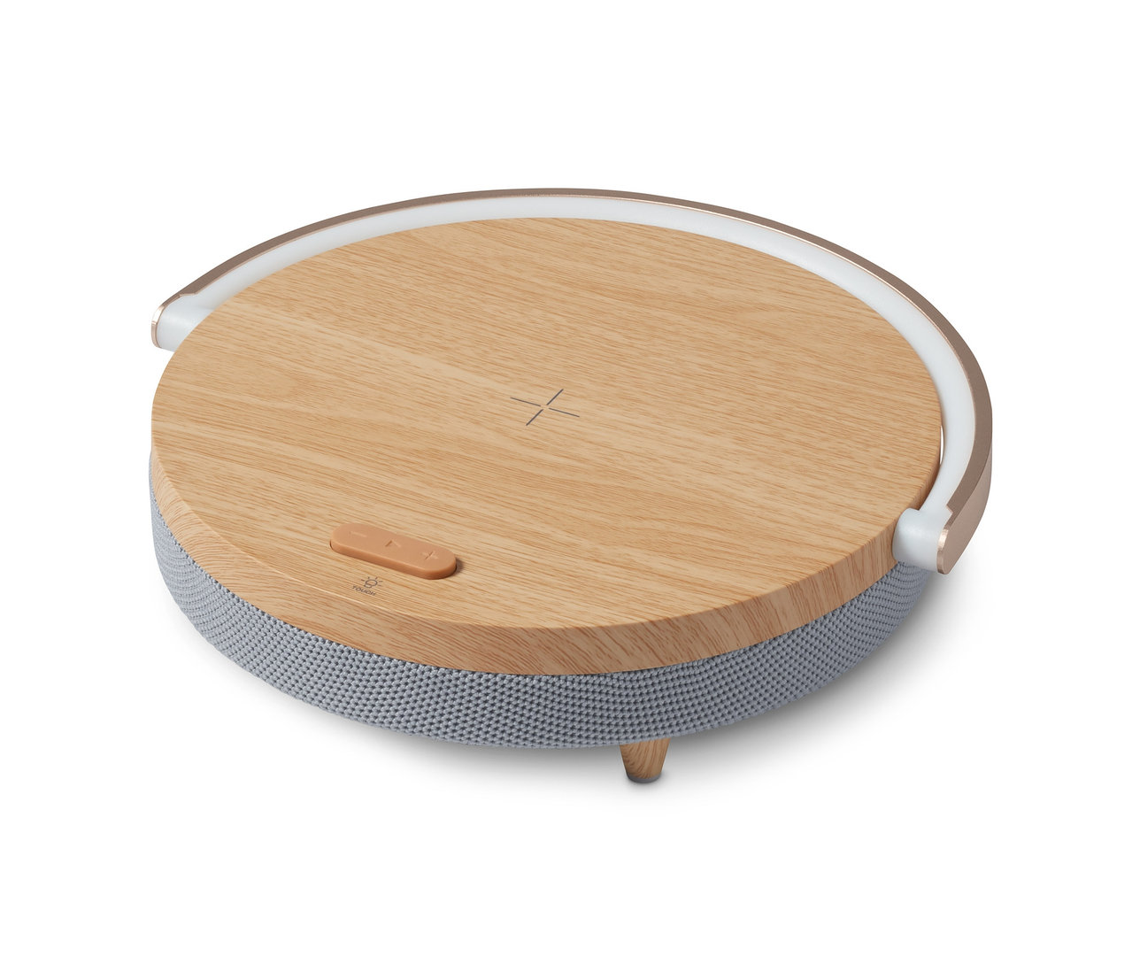 Głośnik Bluetooth z bezprzewodową ładowarką i lampką LED na białym tle.
