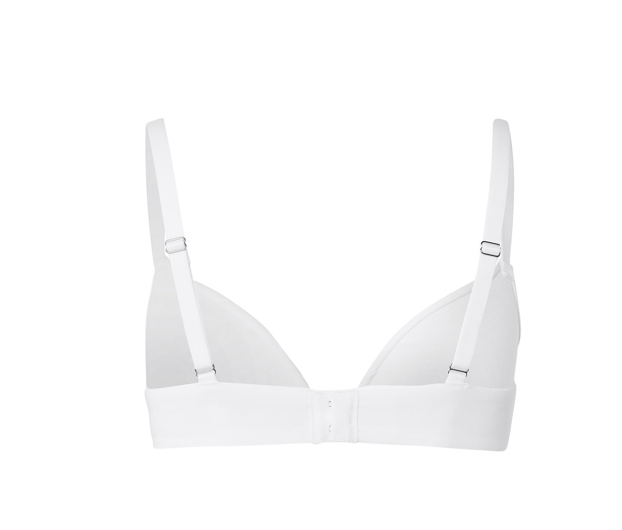 Zbliżenie tyłu białego biustonosza z miękkimi miseczkami, zapinanego na haftki z regulowanymi ramiączkami.