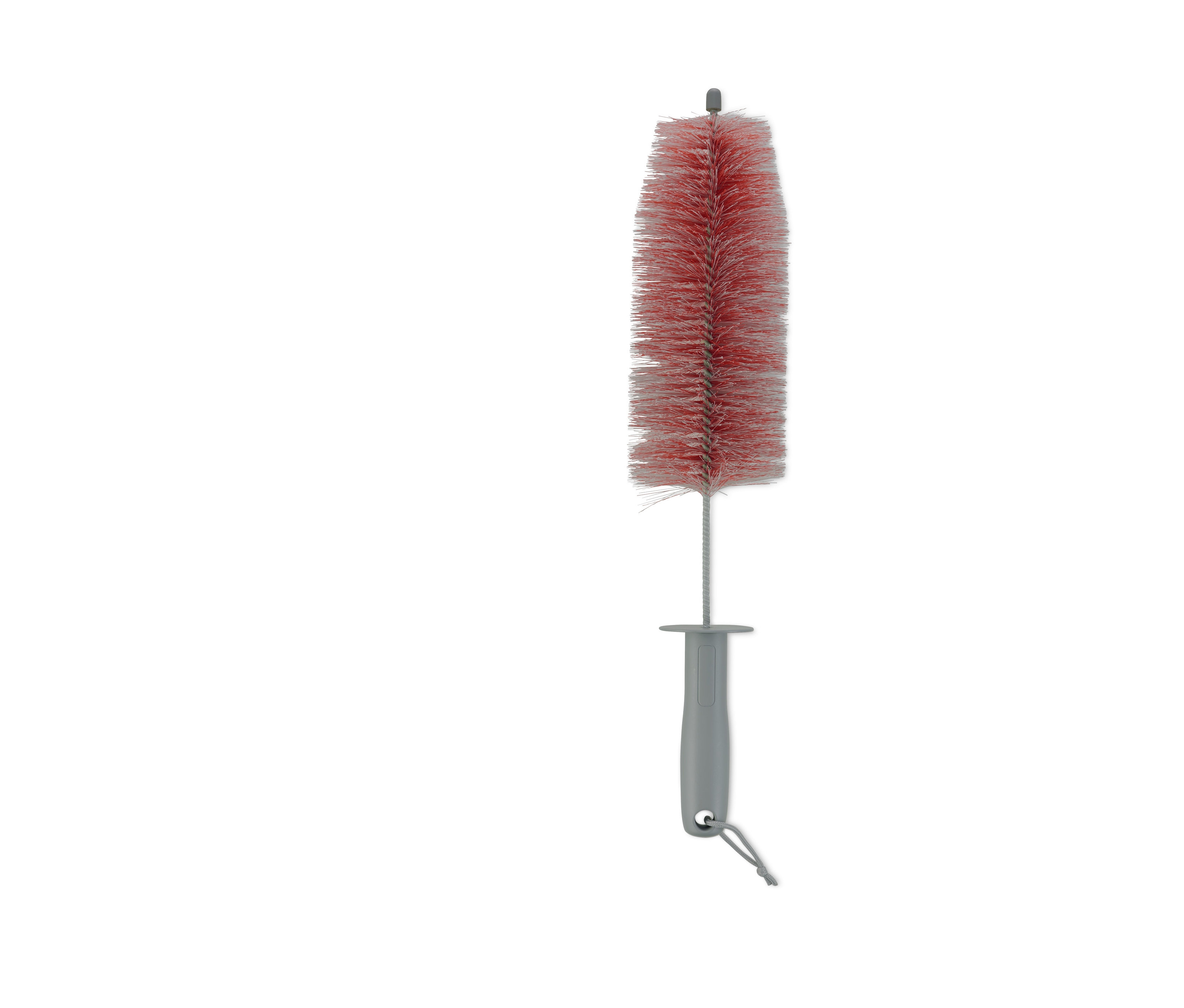 Szczotka do grzejników i mycia felg z czerwonym włosiem i szarym uchwytem.