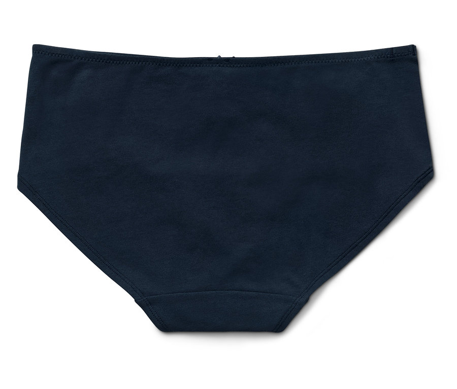 Szczegółowe ujęcie granatowych damskich majtek na białym tle.