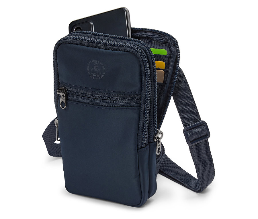 Granatowa torba crossbody z telefonem i kartami.