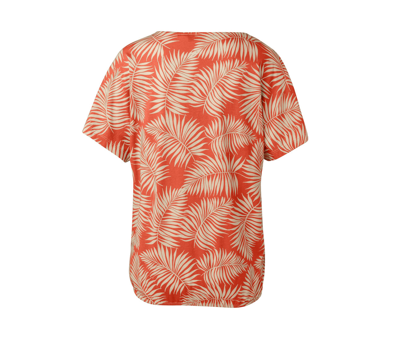 Szczegółowy widok z tyłu pomarańczowo-kremowej wzorzystej bluzki w liście.