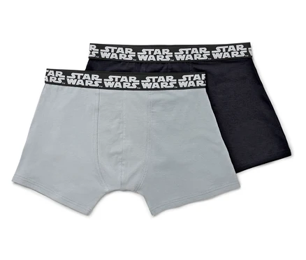 Dwie pary bokserek męskich: jedna szara i jedna czarna, obie z napisem STAR WARS na lamówce.