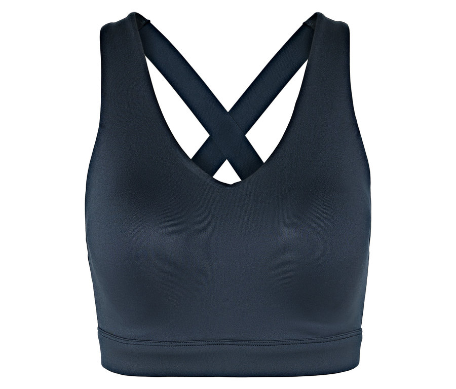 Granatowy stanik sportowy ze skrzyżowanymi ramiączkami na plecach.
