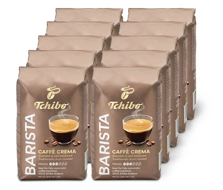 Na półce ułożono kilka opakowań z ziarnami kawy Tchibo Barista Caffè Crema.