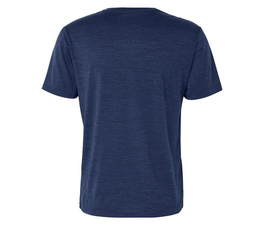 Ciemnoniebieski T-shirt, widziany od tyłu, z krótkimi rękawami i okrągłym dekoltem. Materiał ma melanżową fakturę.
