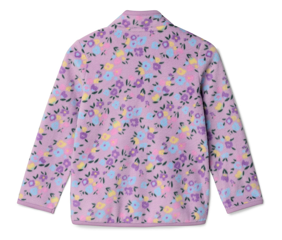 Jasnofioletowa kurtka polarowa w kwiatowy wzór.