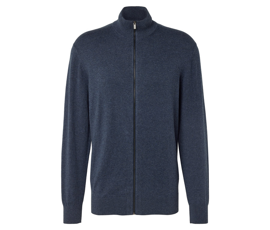 Niebieski kardigan z zamkiem błyskawicznym.