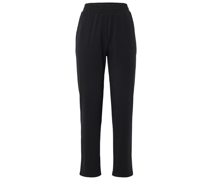 Czarne spodnie dresowe ze ściągaczem w pasie na białym tle.