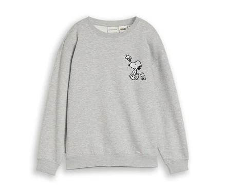 Szara bluza z czarnym konturowym rysunkiem siedzącego Snoopy'ego, patrzącego na latającego nad nim Woodstocka.