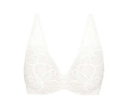 Biały koronkowy biustonosz Triumph Body Makeup Illusion Lace WP z kwiatowym wzorem i cienkimi ramiączkami.