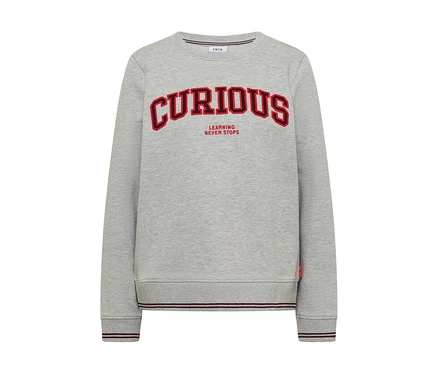 Szara bluza CECIL z czerwonym napisem "CURIOUS LEARNING NEVER STOPS" na przodzie.