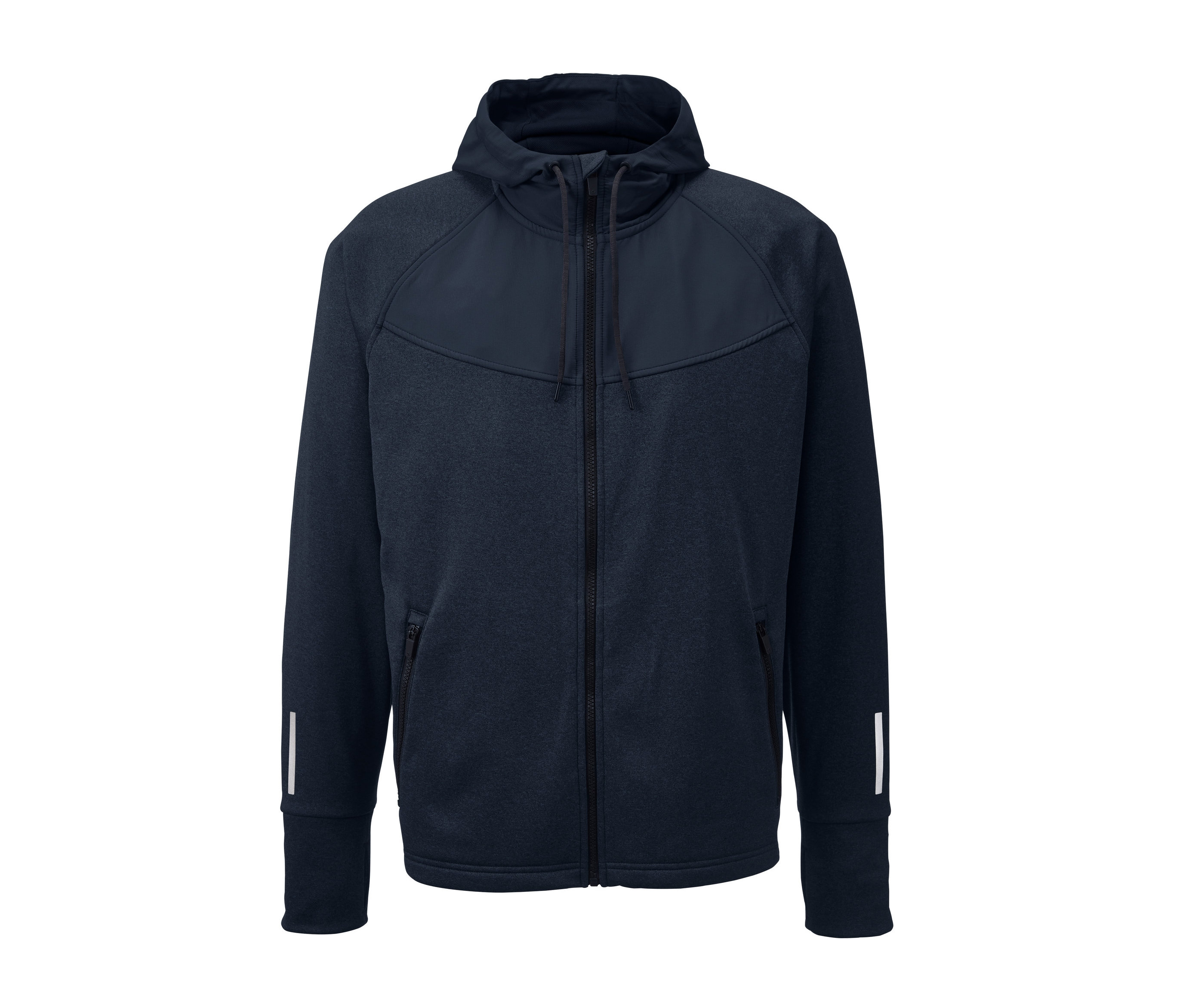 Granatowa, funkcyjna bluza męska z kapturem i zamkiem błyskawicznym.