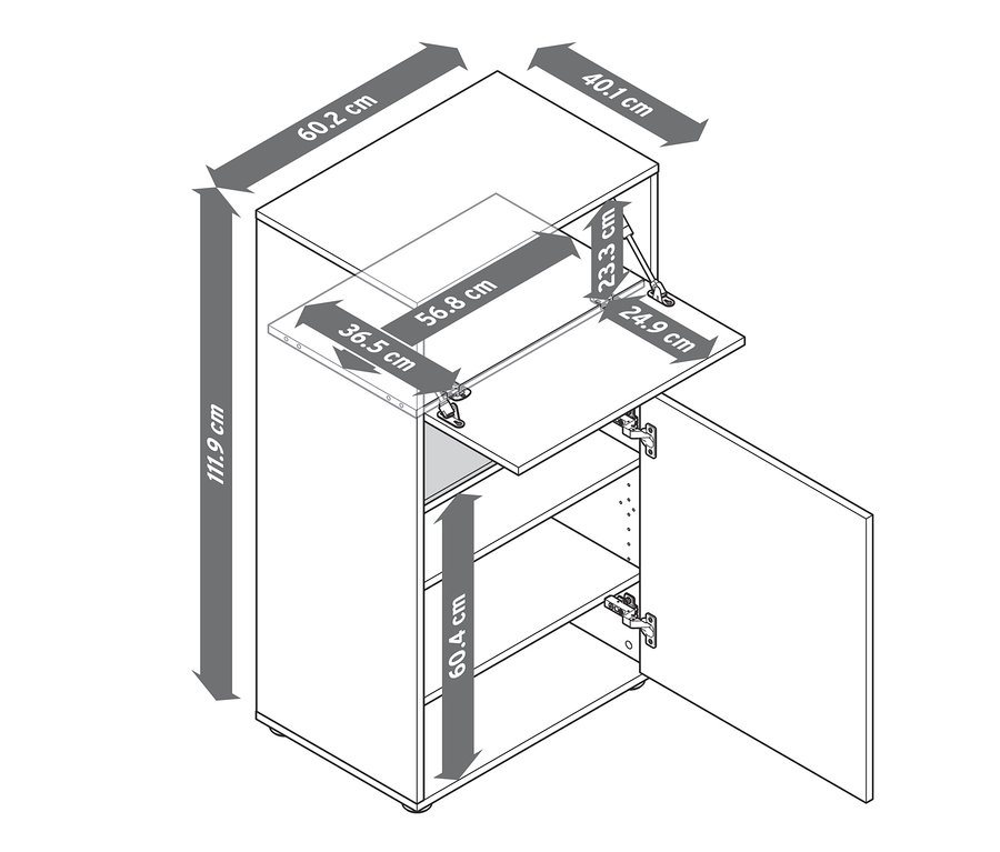 Wymiary szafki typu highboard z detalami z dekoru dębowego są pokazane za pomocą strzałek.