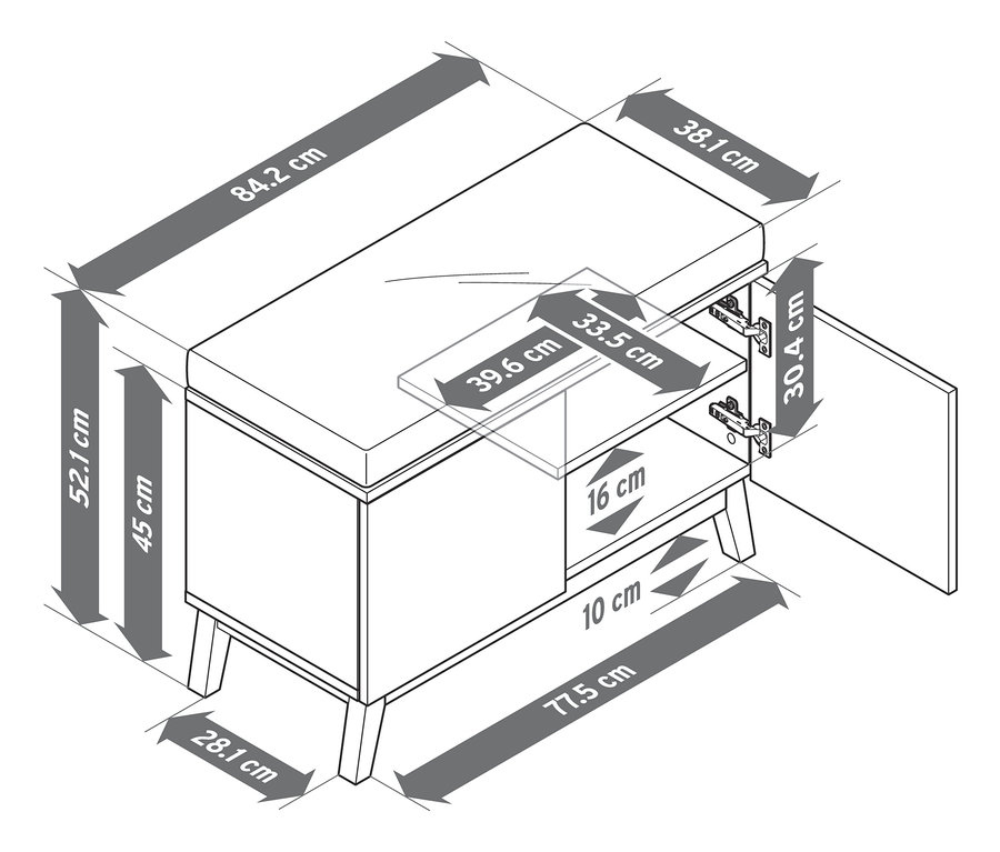 Ilustracja ławki ze skrzynią i wymiarami.