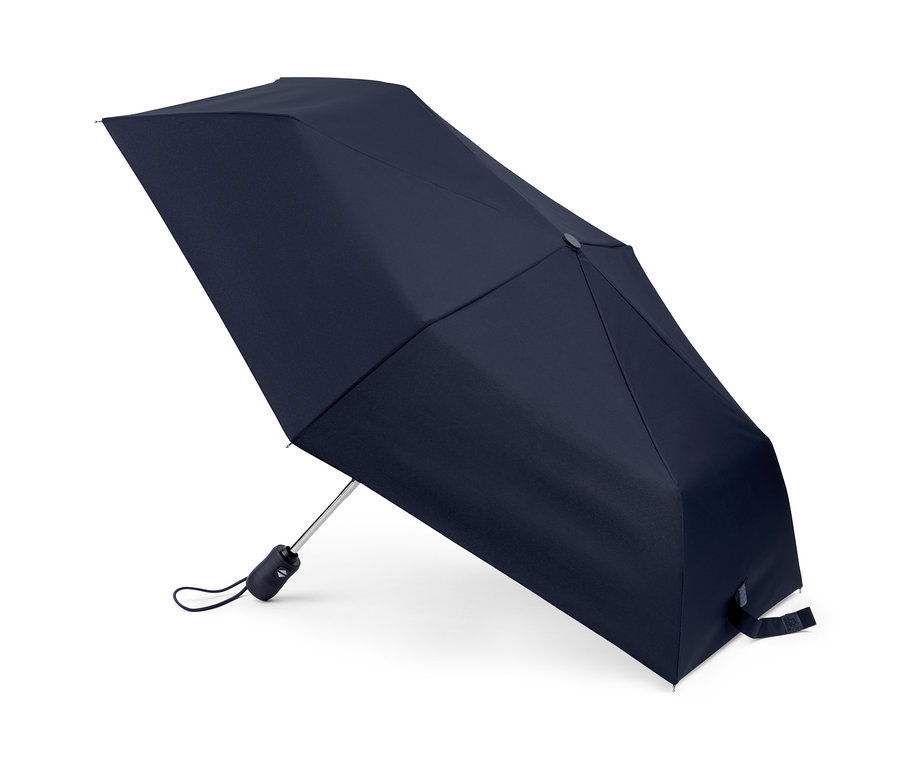 Otwarty, granatowy kieszonkowy parasol automatyczny.