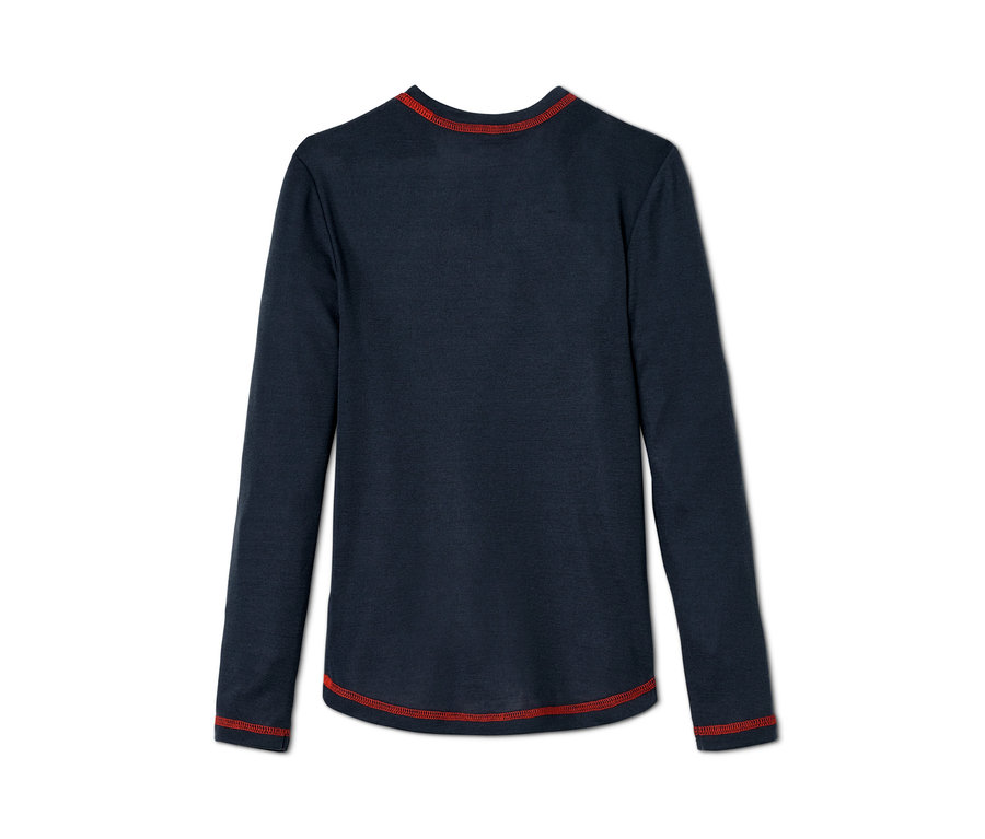 Granatowa dziecięca bielizna funkcyjna z długim rękawem i czerwonymi przeszyciami.