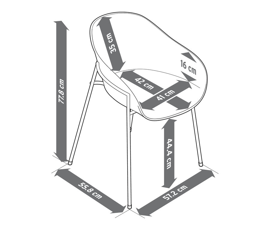 Rysunek nowoczesnego krzesła w kolorze szarobeżowym i miętowym z wymiarami.