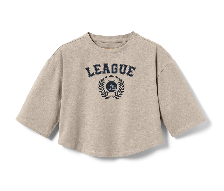 Beżowy T-shirt z krótkim rękawem z napisem "LEAGUE".