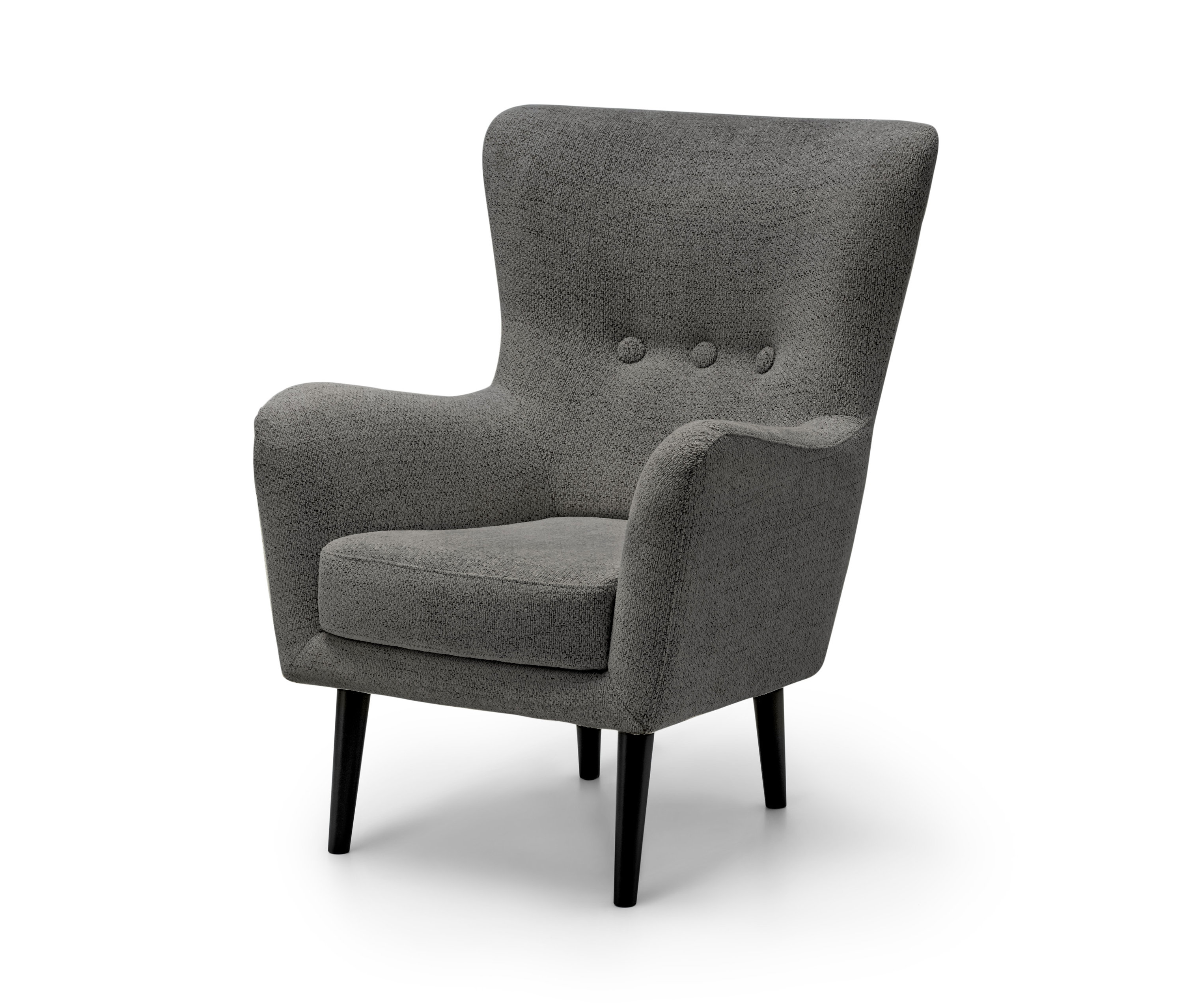 Antracytowy fotel z wysokim oparciem stoi na białym tle.